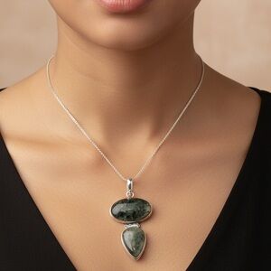 925 Silver Plated-Moss Prehnite Ethnic
Long Pendant Jewelry 2.7"